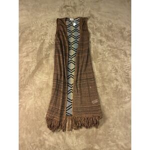 NWT Calessa Womens Brown Longline Fringe Duster Vest Chevron Back 70s Rockstar